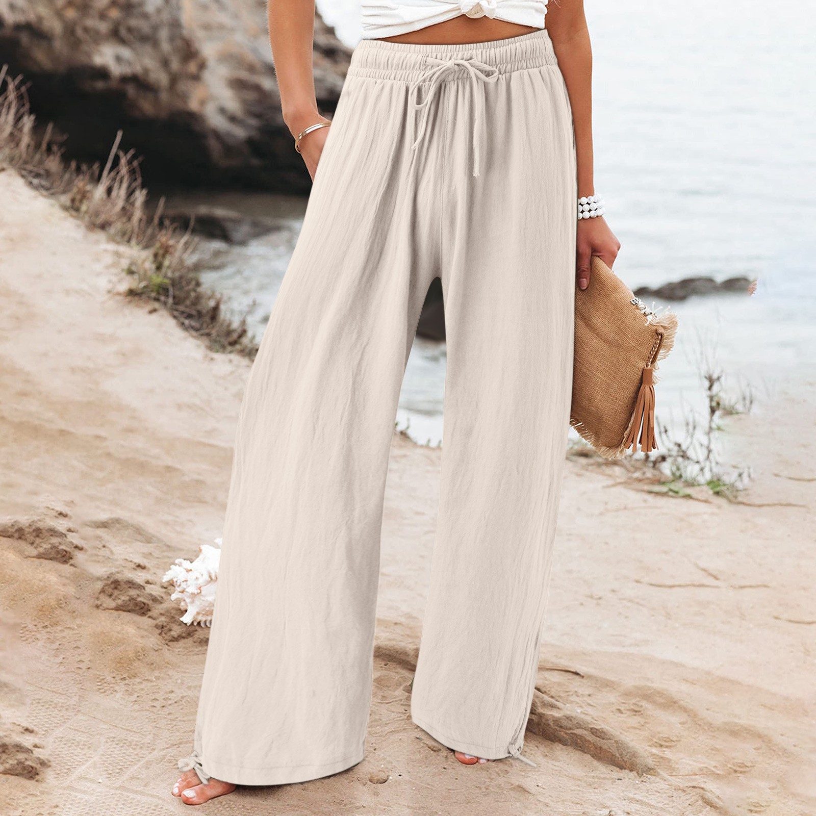 thumbnail image 4 of Pantalones holgados de algodón para mujer: pantalones de cintura alta con cordón, 90 % algodón/10 % poliéster, trabajo/ocio, todas las estaciones, 4 of 8